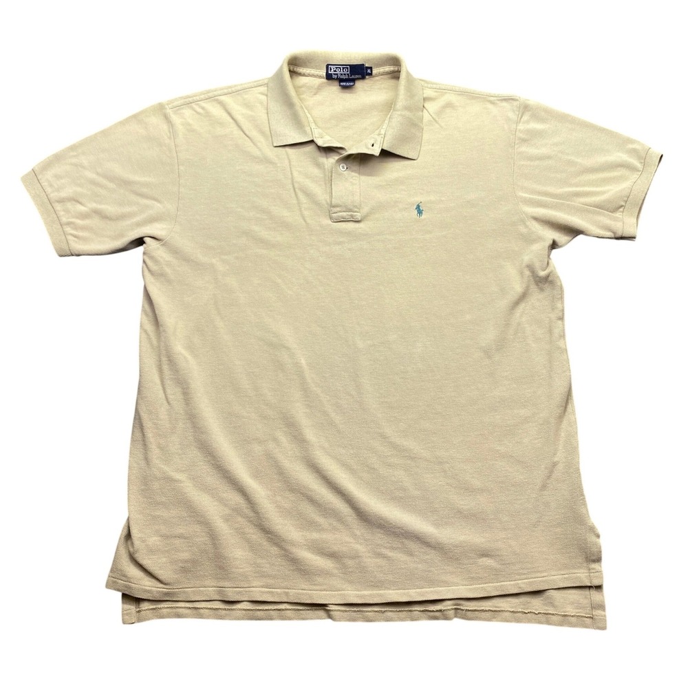 VTG Polo Ralph Lauren Mens XL Tan Beige Short Sleeve Pique Polo Shirt USA